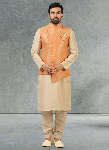 Peach Colour New Festive Wear Jacquard Banarasi Silk Digital Print Kurta Pajama With Jacket Mens Collection 1061